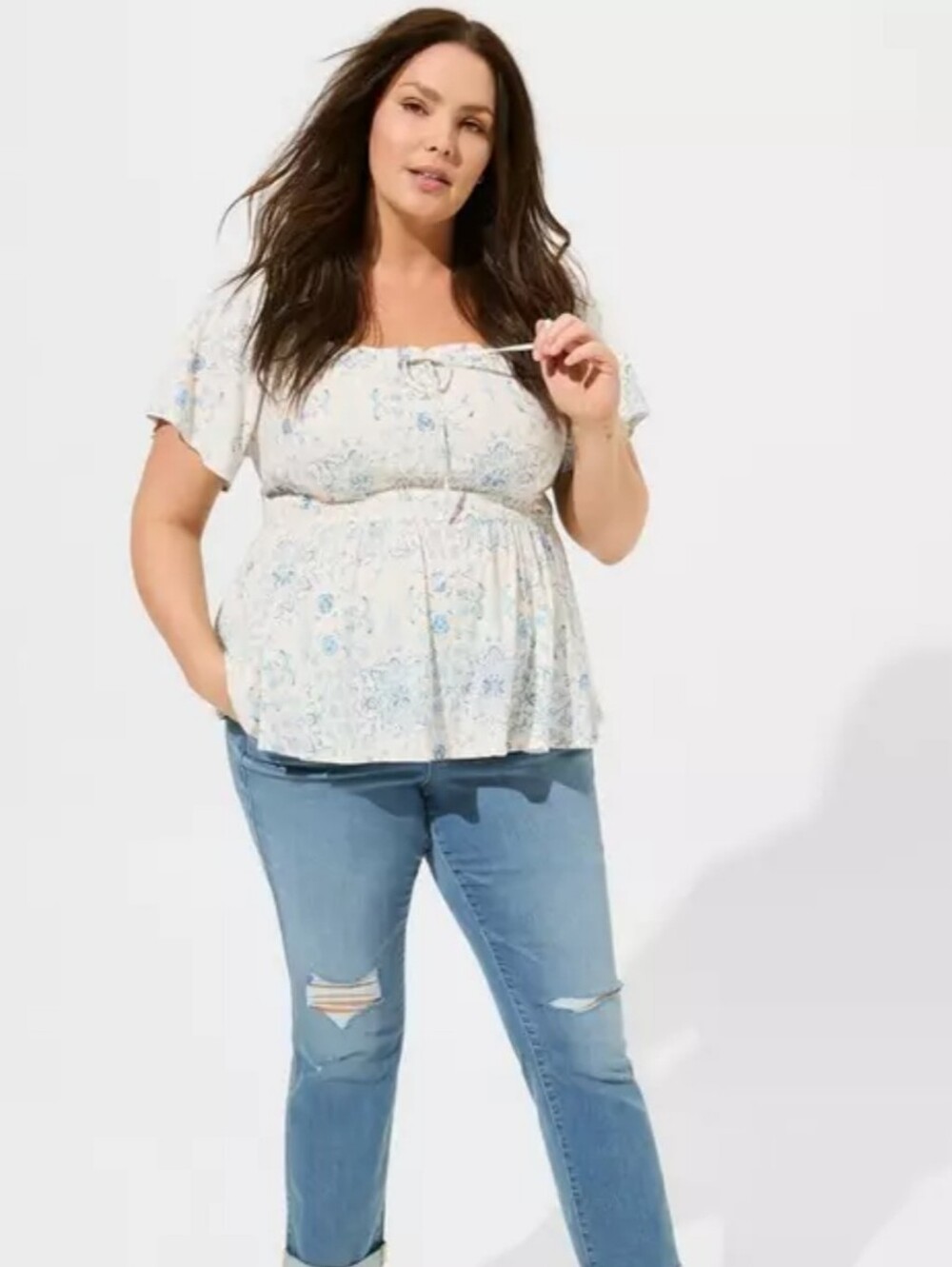 Torrid Flutter Sleeve Blouse 3X White Blue Floral Print Smocked